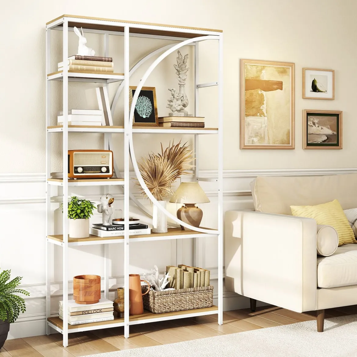 6-stöckiges Bücherregal industrielles Büroregal mit offenen Ablageflächen hohes Regal mit bogenförmigem Design Standregale