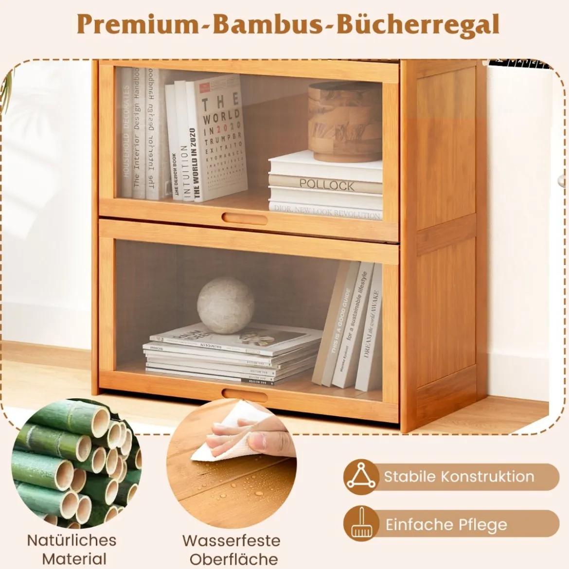 4 stöckiges Bücherregal mit Acryltüren Vitrinenschrank aus Bambus 69 x 34 x 140 cm Braun/Natur