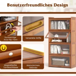 4 stöckiges Bücherregal mit Acryltüren Vitrinenschrank aus Bambus 69 x 34 x 140 cm Braun/Natur