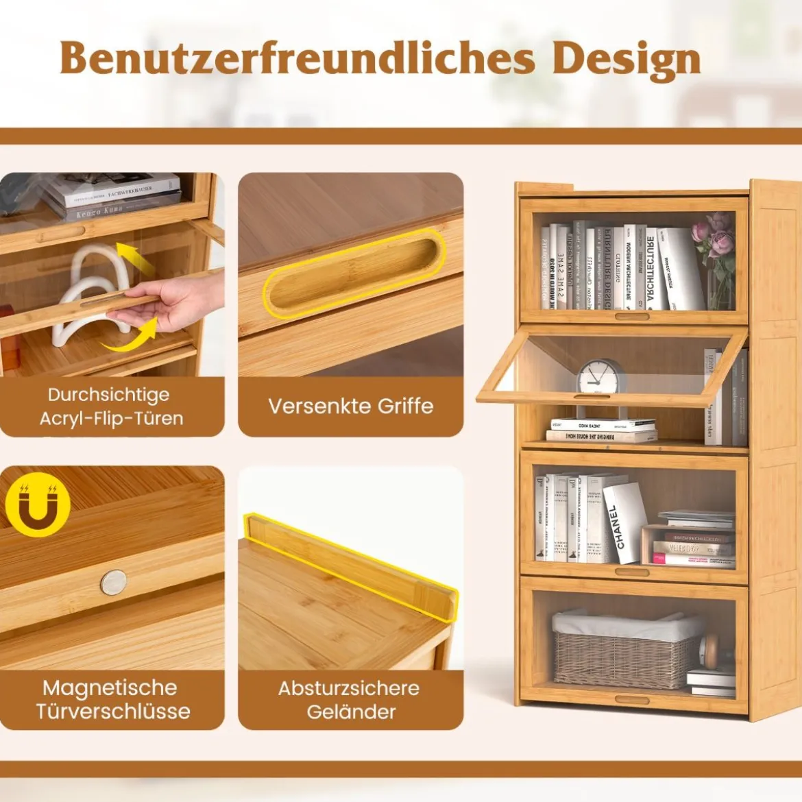 4 stöckiges Bücherregal mit Acryltüren Vitrinenschrank aus Bambus 69 x 34 x 140 cm Braun/Natur