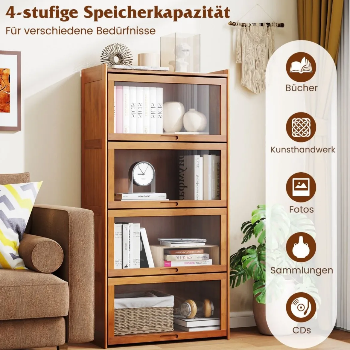4 stöckiges Bücherregal mit Acryltüren Vitrinenschrank aus Bambus 69 x 34 x 140 cm Braun/Natur