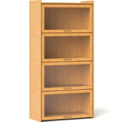 4 stöckiges Bücherregal mit Acryltüren Vitrinenschrank aus Bambus 69 x 34 x 140 cm Braun/Natur