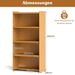 4 stöckiges Bücherregal mit Acryltüren Vitrinenschrank aus Bambus 69 x 34 x 140 cm Braun/Natur