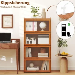 4 stöckiges Bücherregal mit Acryltüren Vitrinenschrank aus Bambus 69 x 34 x 140 cm Braun/Natur