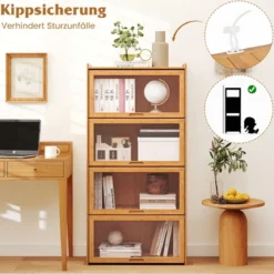 4 stöckiges Bücherregal mit Acryltüren Vitrinenschrank aus Bambus 69 x 34 x 140 cm Braun/Natur