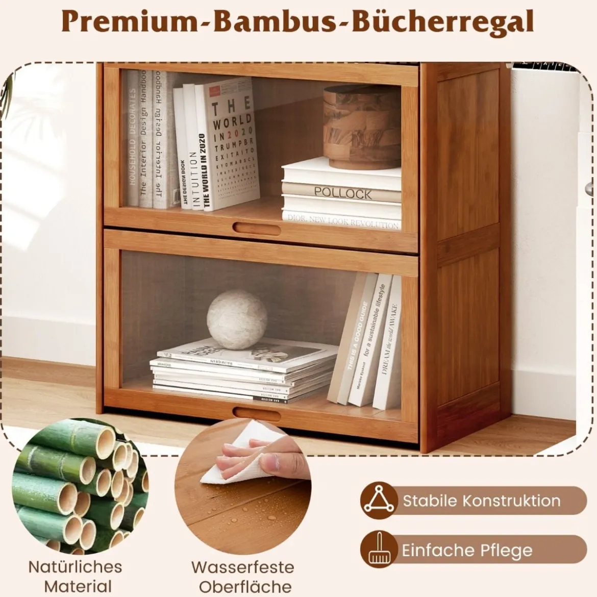 4 stöckiges Bücherregal mit Acryltüren Vitrinenschrank aus Bambus 69 x 34 x 140 cm Braun/Natur