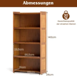 4 stöckiges Bücherregal mit Acryltüren Vitrinenschrank aus Bambus 69 x 34 x 140 cm Braun/Natur