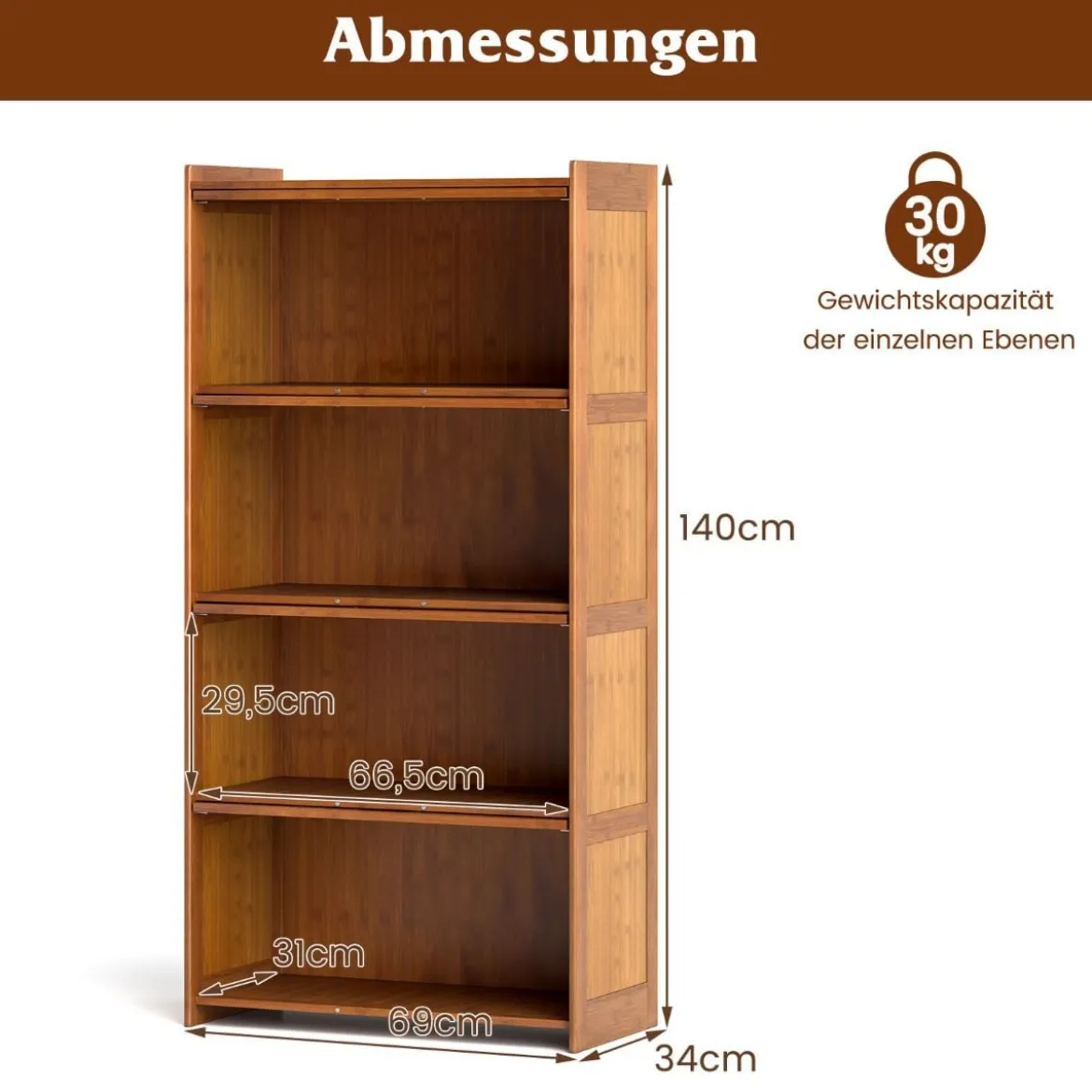 4 stöckiges Bücherregal mit Acryltüren Vitrinenschrank aus Bambus 69 x 34 x 140 cm Braun/Natur