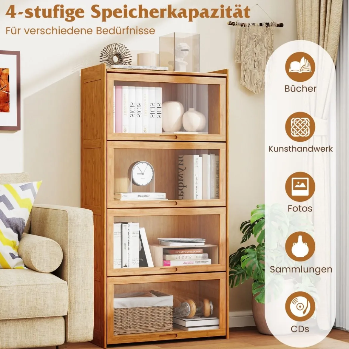 4 stöckiges Bücherregal mit Acryltüren Vitrinenschrank aus Bambus 69 x 34 x 140 cm Braun/Natur