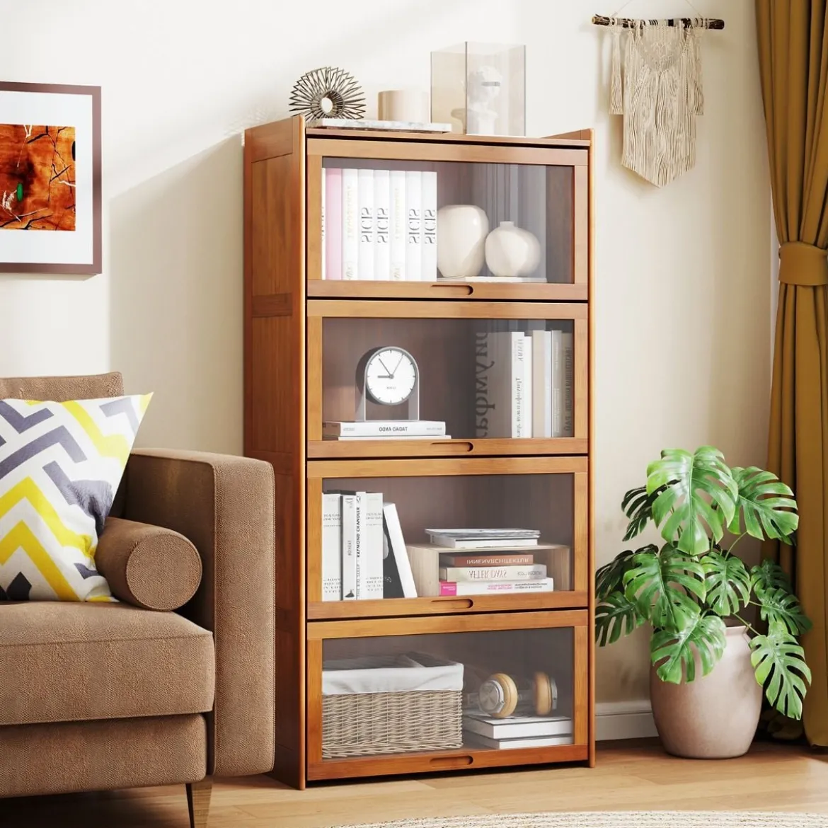 4 stöckiges Bücherregal mit Acryltüren Vitrinenschrank aus Bambus 69 x 34 x 140 cm Braun/Natur