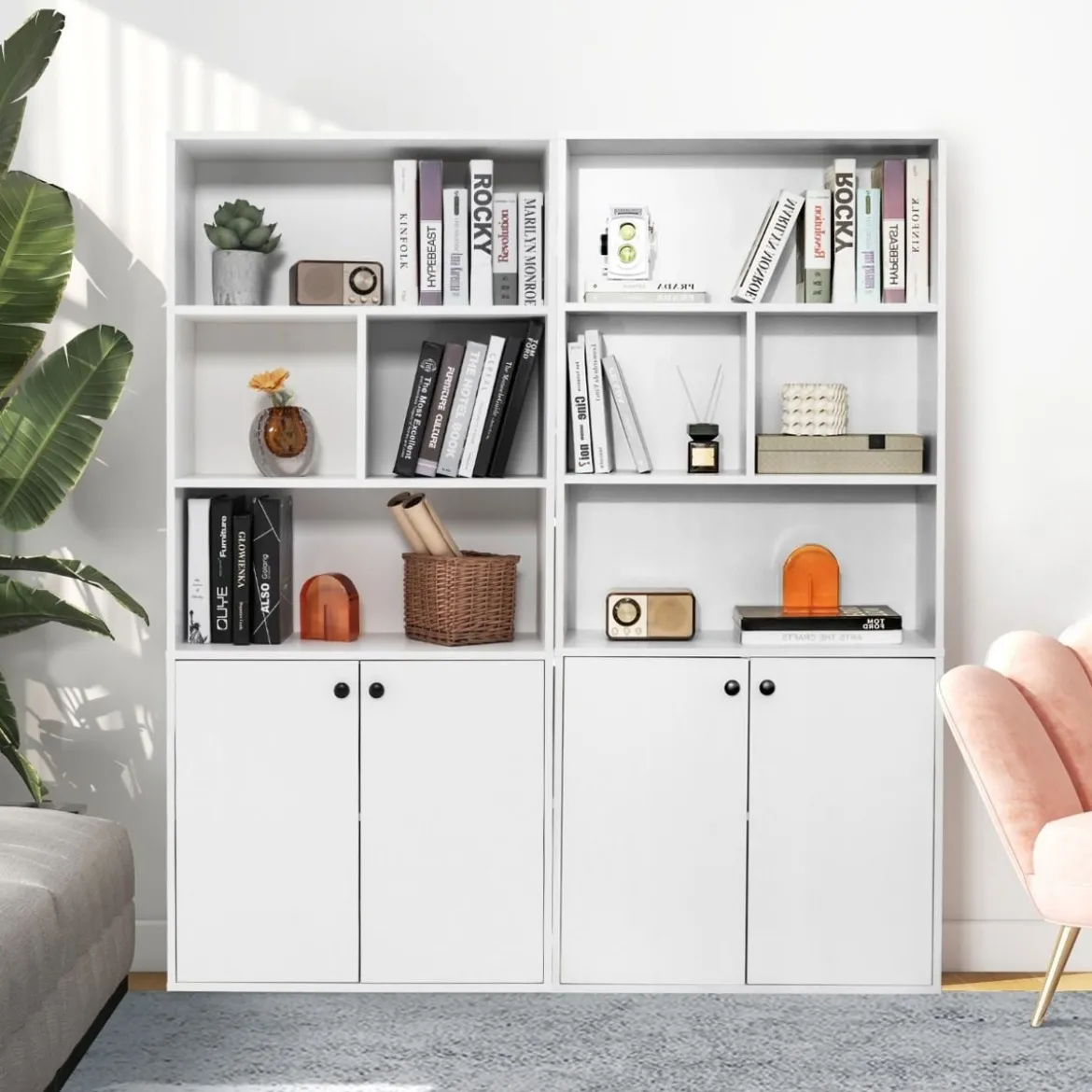 5-stöckiges Bücherregal mit Doppeltüren 155 cm hohes Standregal mit offenen Fächern Weiß