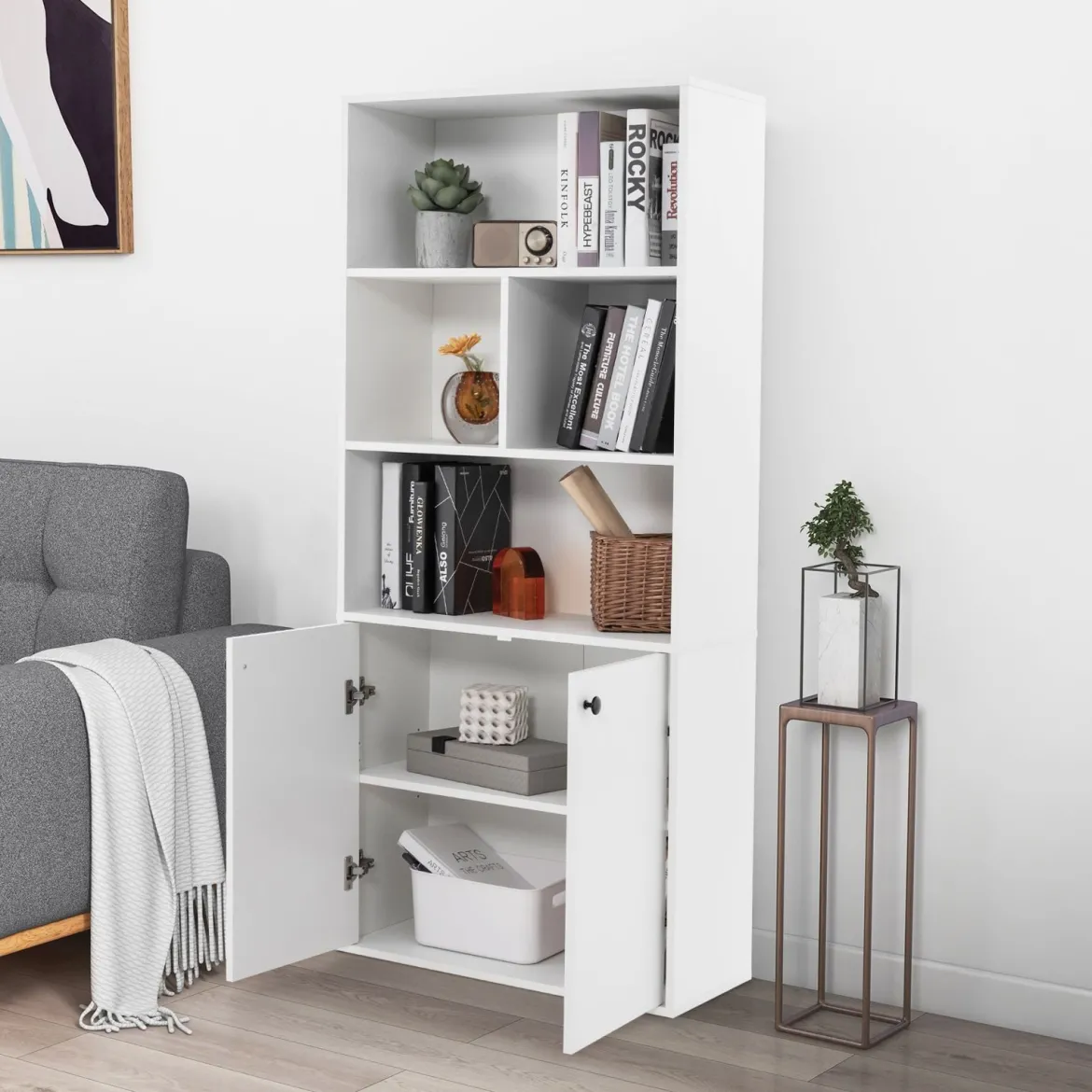 5-stöckiges Bücherregal mit Doppeltüren 155 cm hohes Standregal mit offenen Fächern Weiß