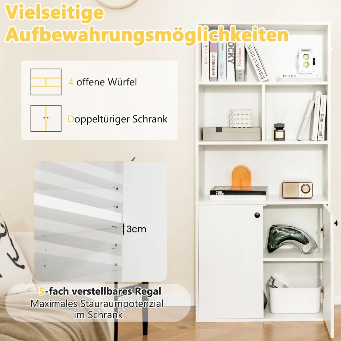 5-stöckiges Bücherregal mit Doppeltüren 155 cm hohes Standregal mit offenen Fächern Weiß