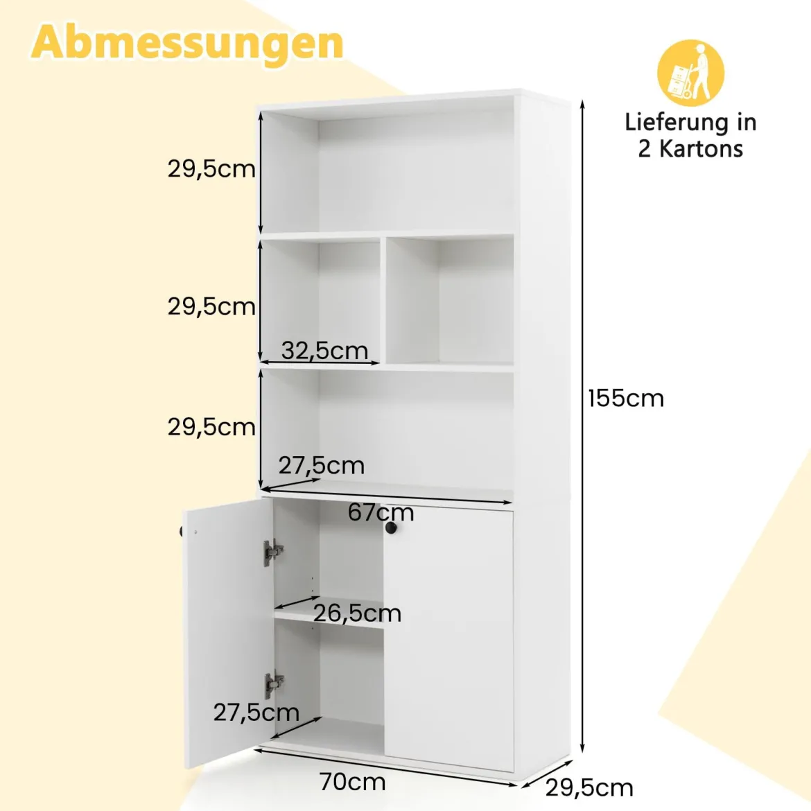 5-stöckiges Bücherregal mit Doppeltüren 155 cm hohes Standregal mit offenen Fächern Weiß