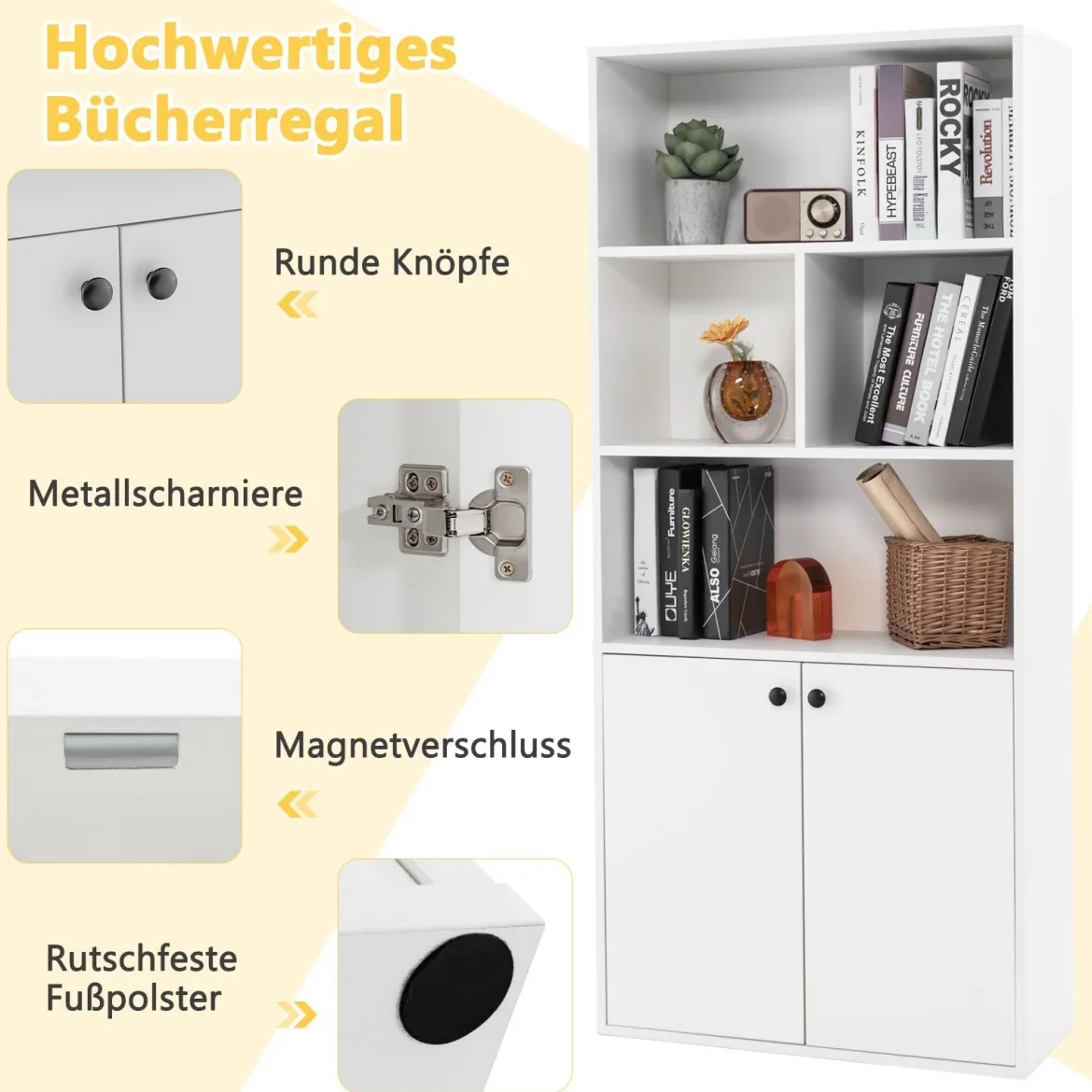 5-stöckiges Bücherregal mit Doppeltüren 155 cm hohes Standregal mit offenen Fächern Weiß