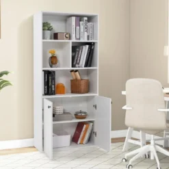 5-stöckiges Bücherregal mit Doppeltüren 155 cm hohes Standregal mit offenen Fächern Weiß