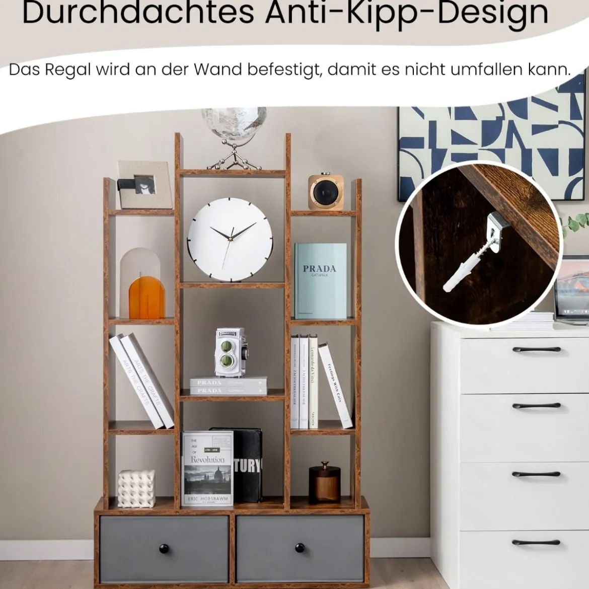 12-Stöckiges Bücherregal mit Offener Rückseite & Schublade 81 x 24 x 132 cm Braun