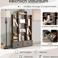 12-Stöckiges Bücherregal mit Offener Rückseite & Schublade 81 x 24 x 132 cm Braun