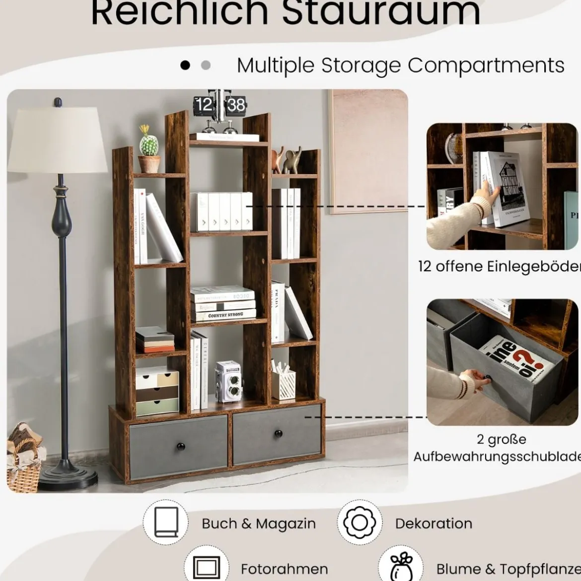 12-Stöckiges Bücherregal mit Offener Rückseite & Schublade 81 x 24 x 132 cm Braun