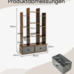 12-Stöckiges Bücherregal mit Offener Rückseite & Schublade 81 x 24 x 132 cm Braun