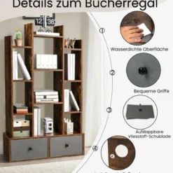 12-Stöckiges Bücherregal mit Offener Rückseite & Schublade 81 x 24 x 132 cm Braun