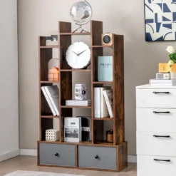 12-Stöckiges Bücherregal mit Offener Rückseite & Schublade 81 x 24 x 132 cm Braun