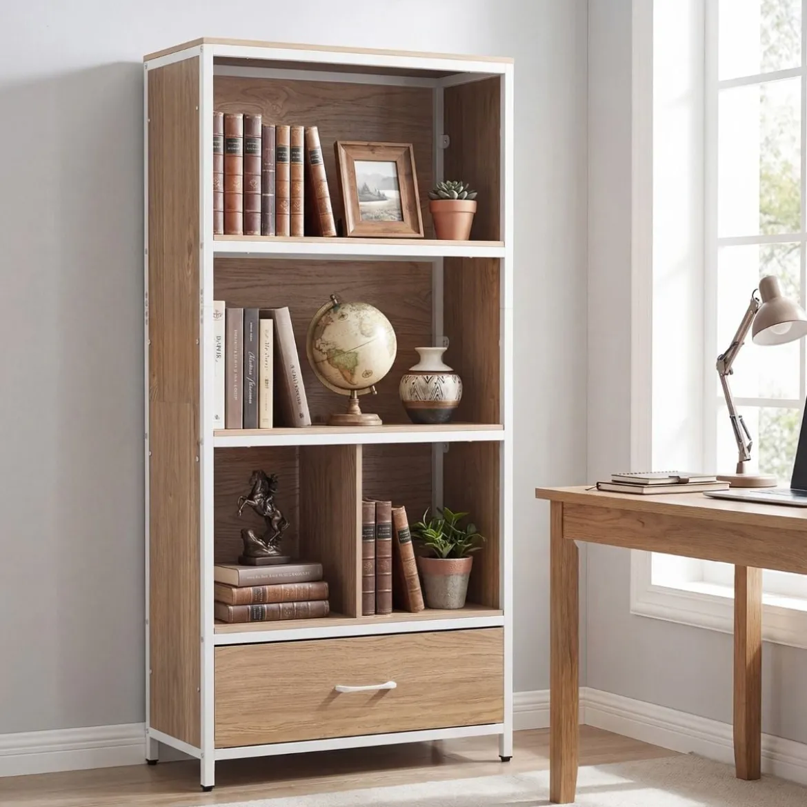 4-stöckiges Bücherregal mit Offenen Fächern & StoffSchublade Standregal Bücherschrank Natur