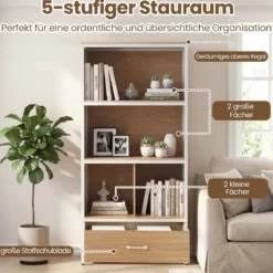 4-stöckiges Bücherregal mit Offenen Fächern & StoffSchublade Standregal Bücherschrank Natur