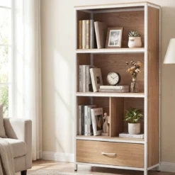 4-stöckiges Bücherregal mit Offenen Fächern & StoffSchublade Standregal Bücherschrank Natur