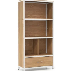 4-stöckiges Bücherregal mit Offenen Fächern & StoffSchublade Standregal Bücherschrank Natur