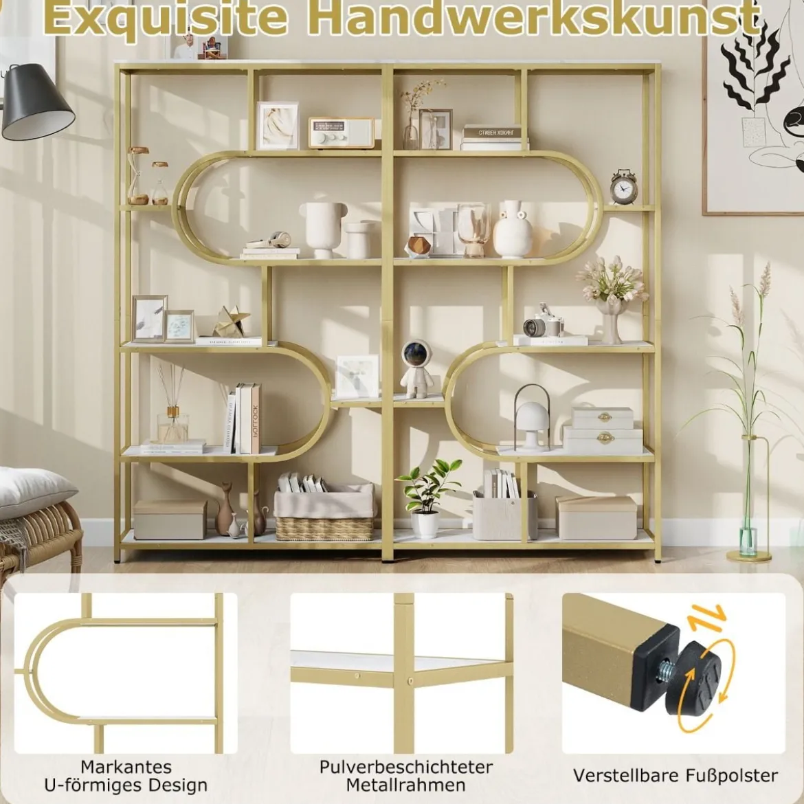 5-stöckiges Bücherregal mit Offenen Regalen Standregal Display Regal Weiß & Gold