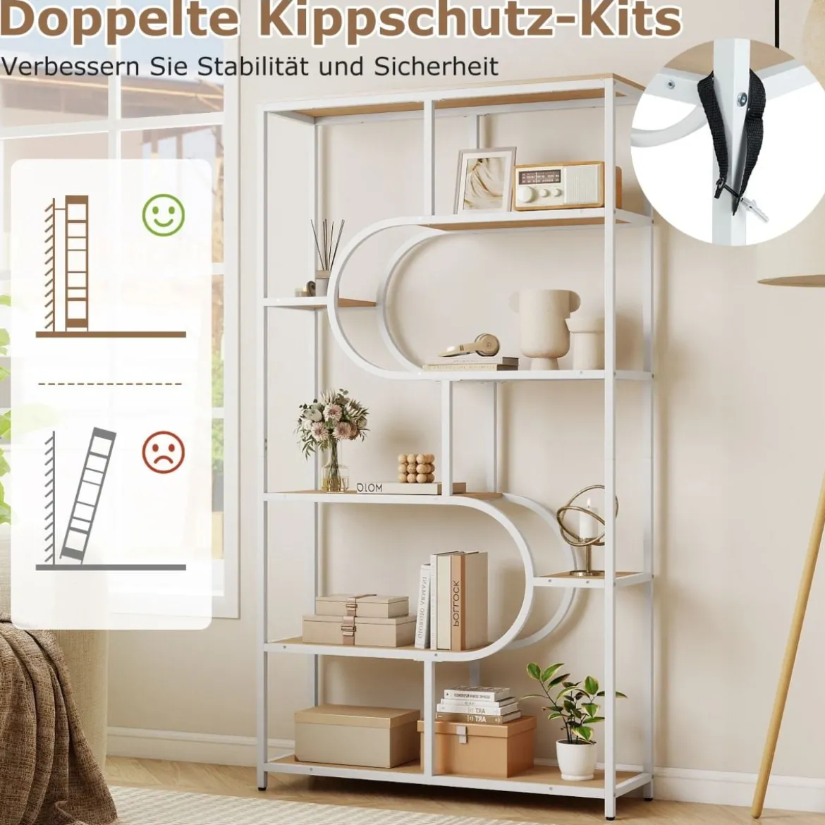 5-stöckiges Bücherregal mit Offenen Regalen Standregal Display Regal Natur & Weiß