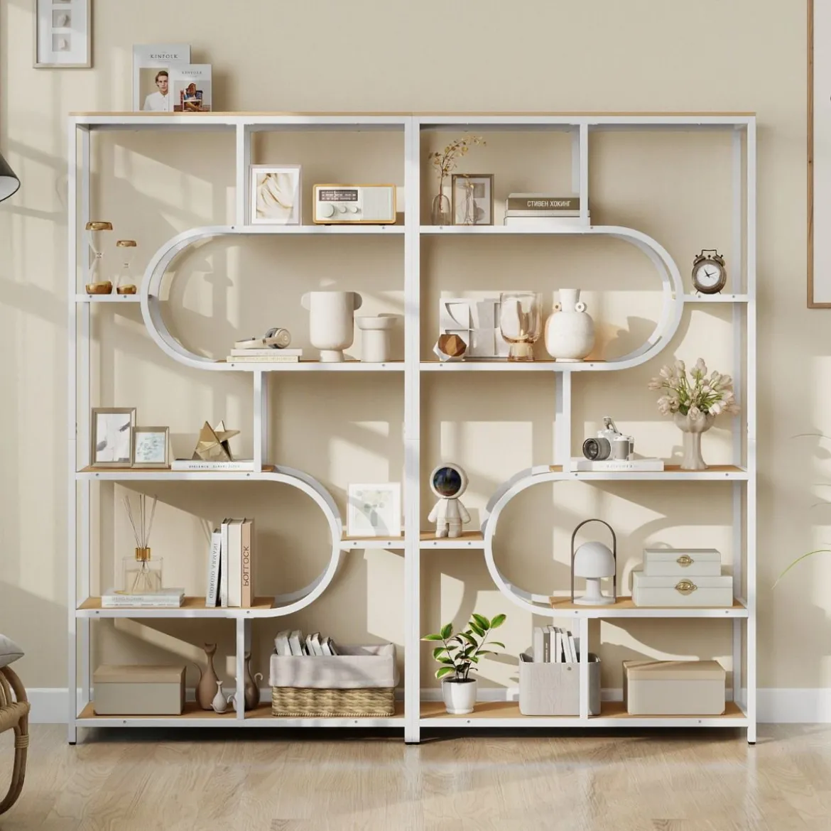 5-stöckiges Bücherregal mit Offenen Regalen Standregal Display Regal Natur & Weiß
