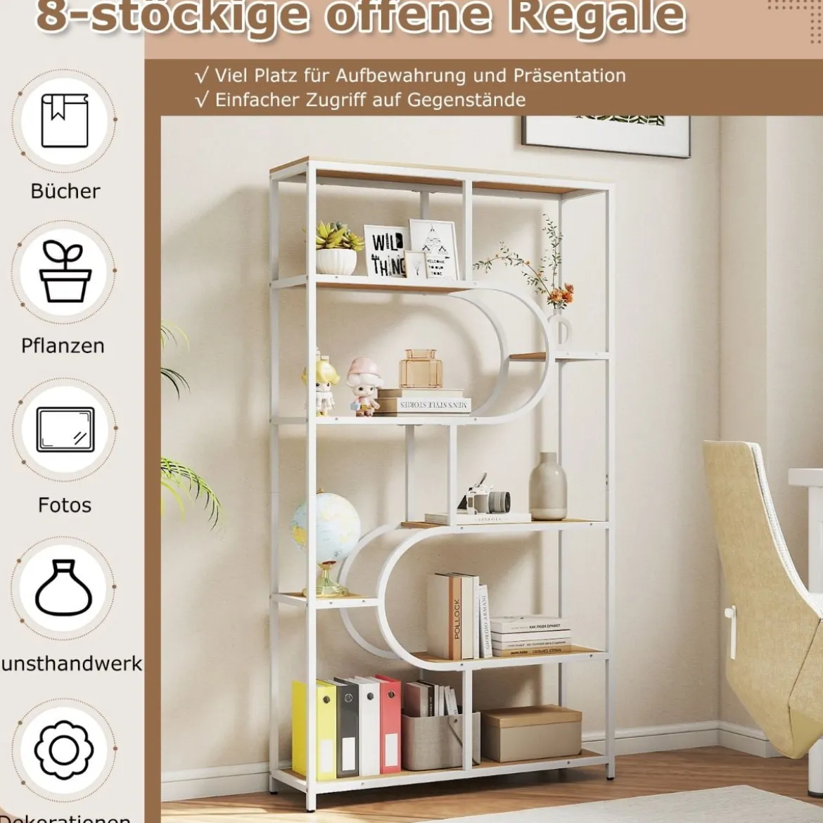 5-stöckiges Bücherregal mit Offenen Regalen Standregal Display Regal Natur & Weiß