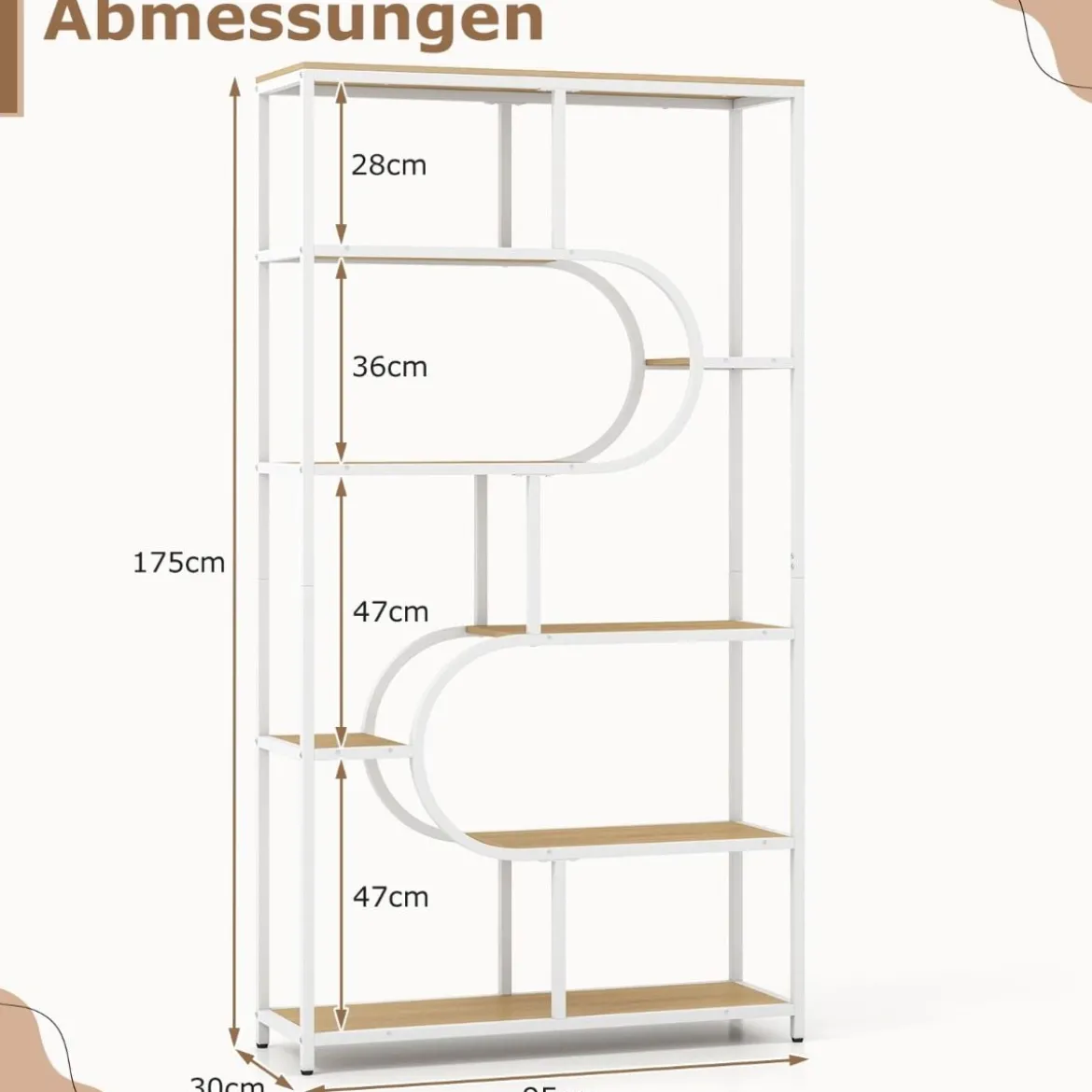 5-stöckiges Bücherregal mit Offenen Regalen Standregal Display Regal Natur & Weiß
