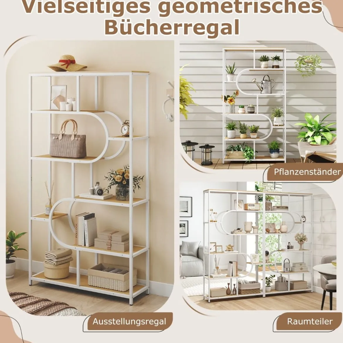 5-stöckiges Bücherregal mit Offenen Regalen Standregal Display Regal Natur & Weiß