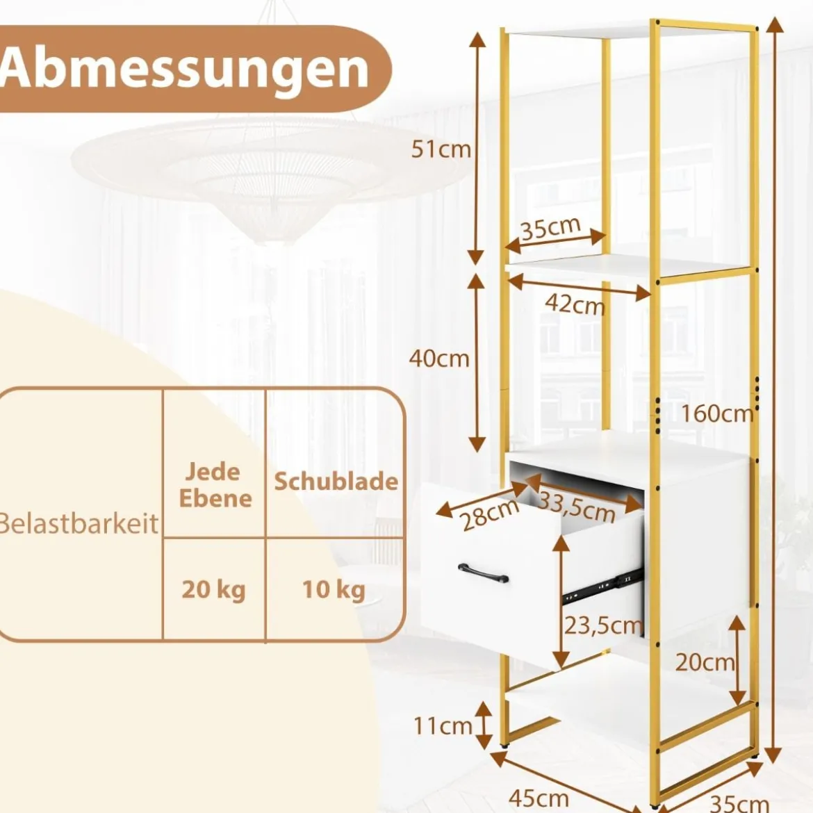 5-stöckiges Bücherregal mit Schublade & Metallrahmen Bücherschrank Modern Standregal
