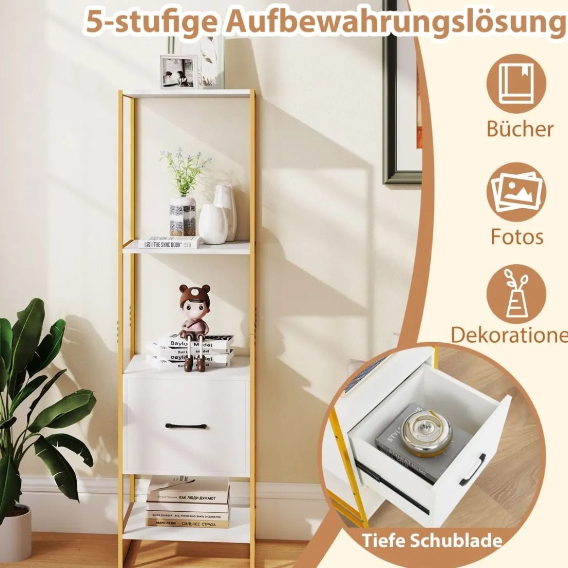 5-stöckiges Bücherregal mit Schublade & Metallrahmen Bücherschrank Modern Standregal