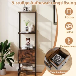 5-stöckiges Bücherregal mit Schublade & Metallrahmen Bücherschrank Modern Standregal