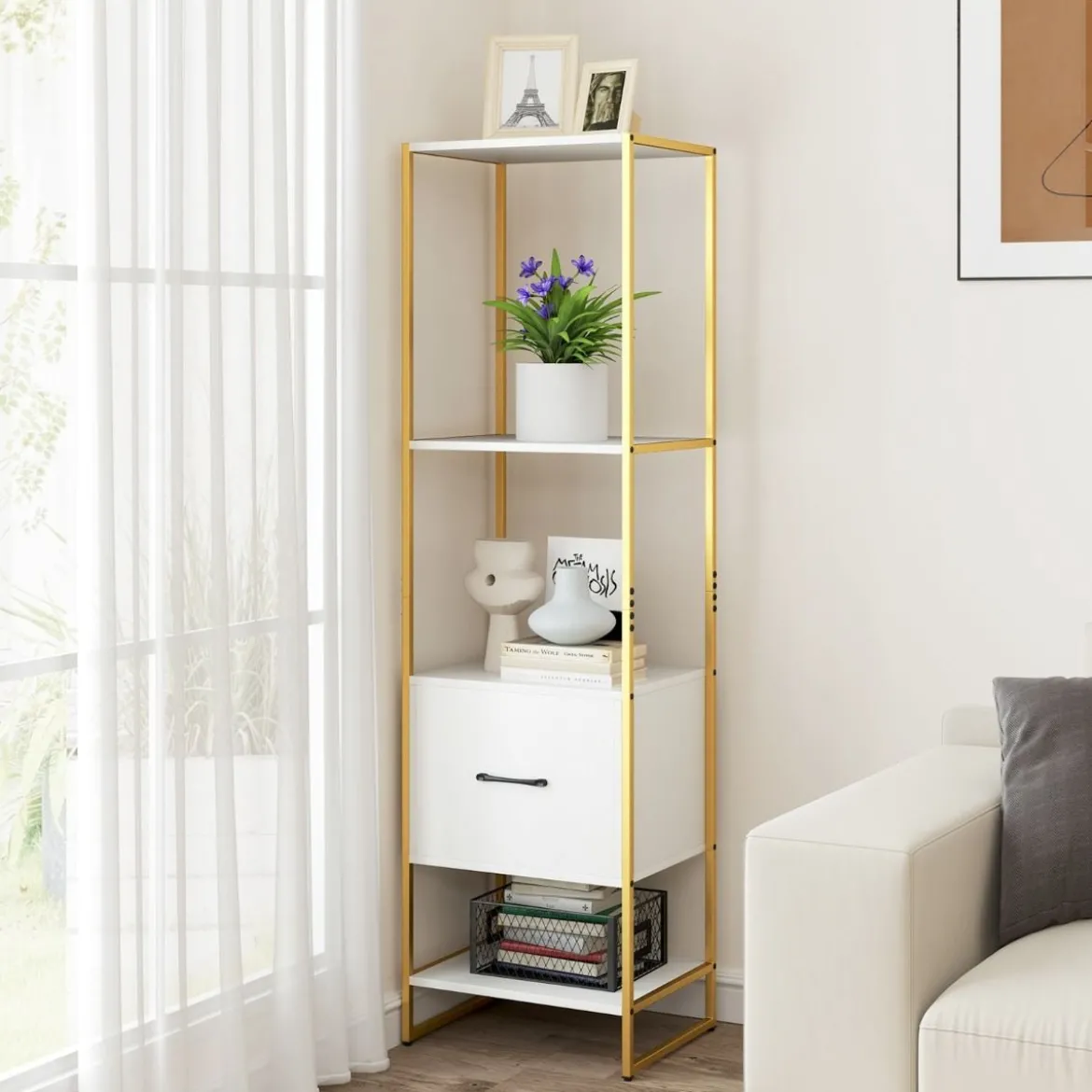 5-stöckiges Bücherregal mit Schublade & Metallrahmen Bücherschrank Modern Standregal