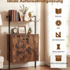 4-stöckiges Bücherregal mit 2-türiger Schrank & 2 Offenen EinlegebödenWandmontiertes Standregal Braun