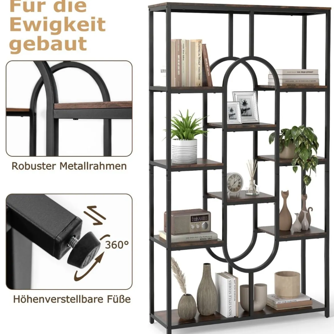 5-stöckiges Bücherregal Standregal Geometrisches Aufbewahrungsregal Braun & Schwarz
