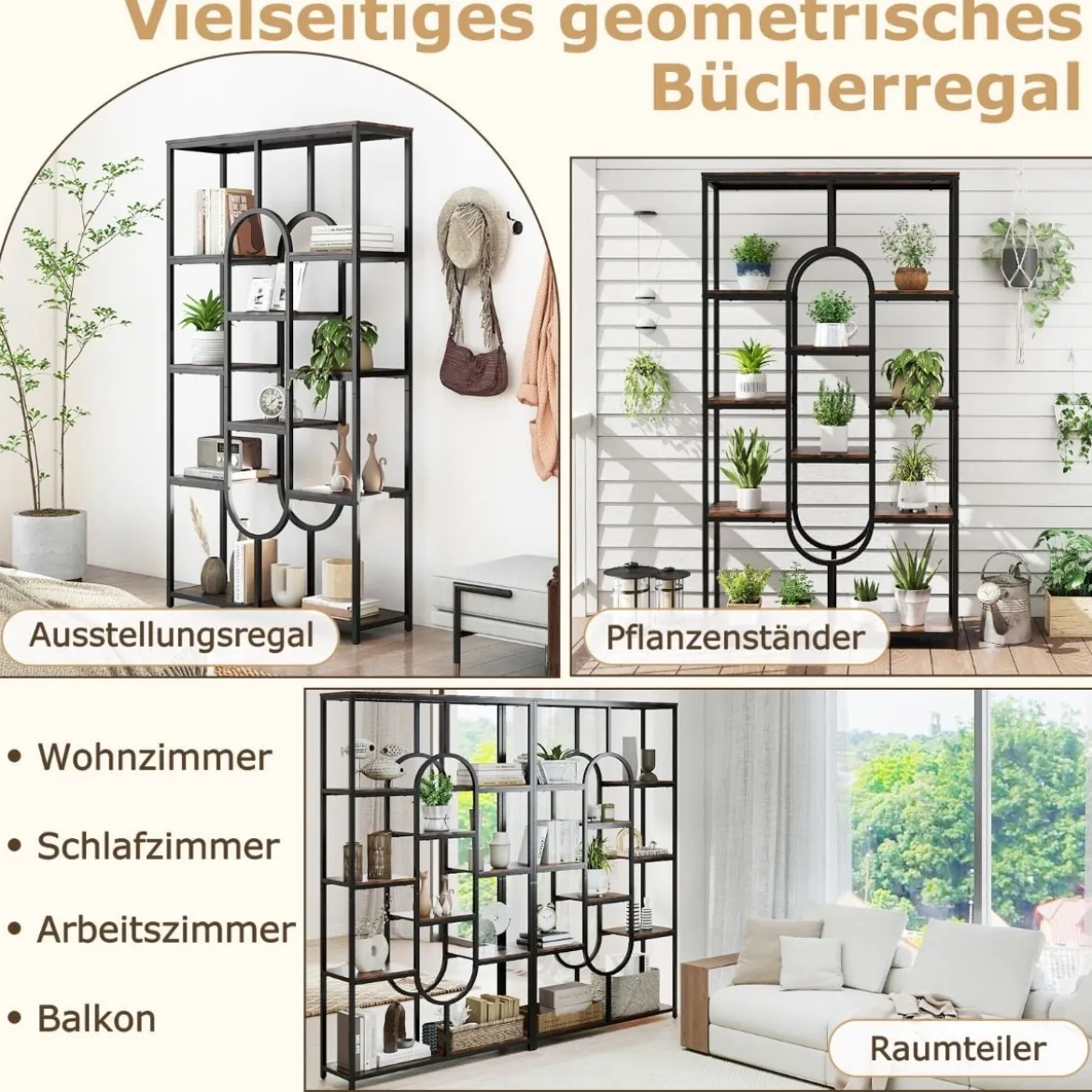 5-stöckiges Bücherregal Standregal Geometrisches Aufbewahrungsregal Braun & Schwarz