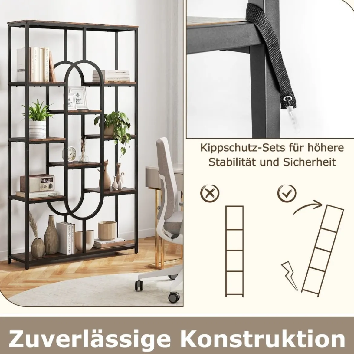 5-stöckiges Bücherregal Standregal Geometrisches Aufbewahrungsregal Braun & Schwarz