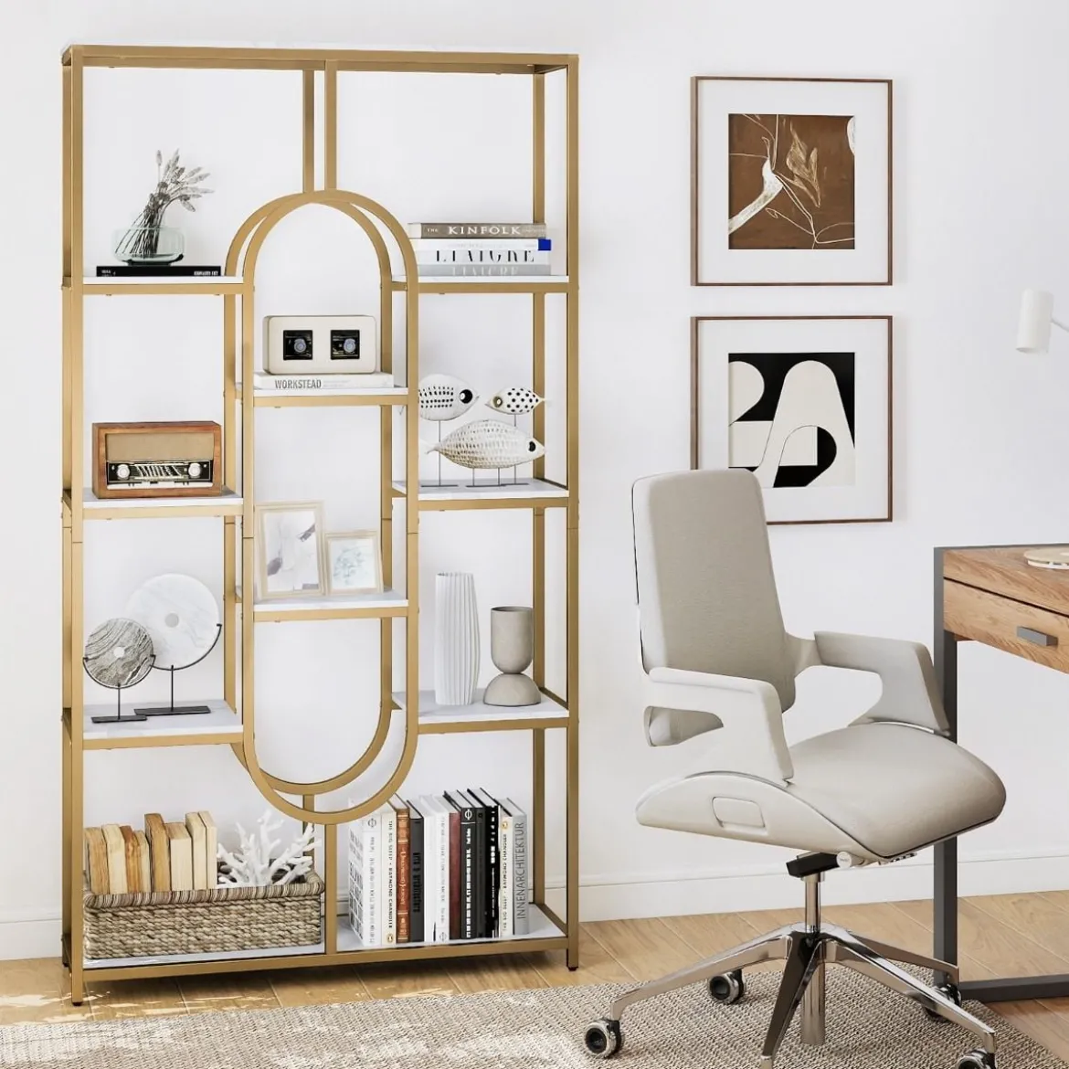5-stöckiges Bücherregal Standregal Geometrisches Aufbewahrungsregal Weiß & Gold