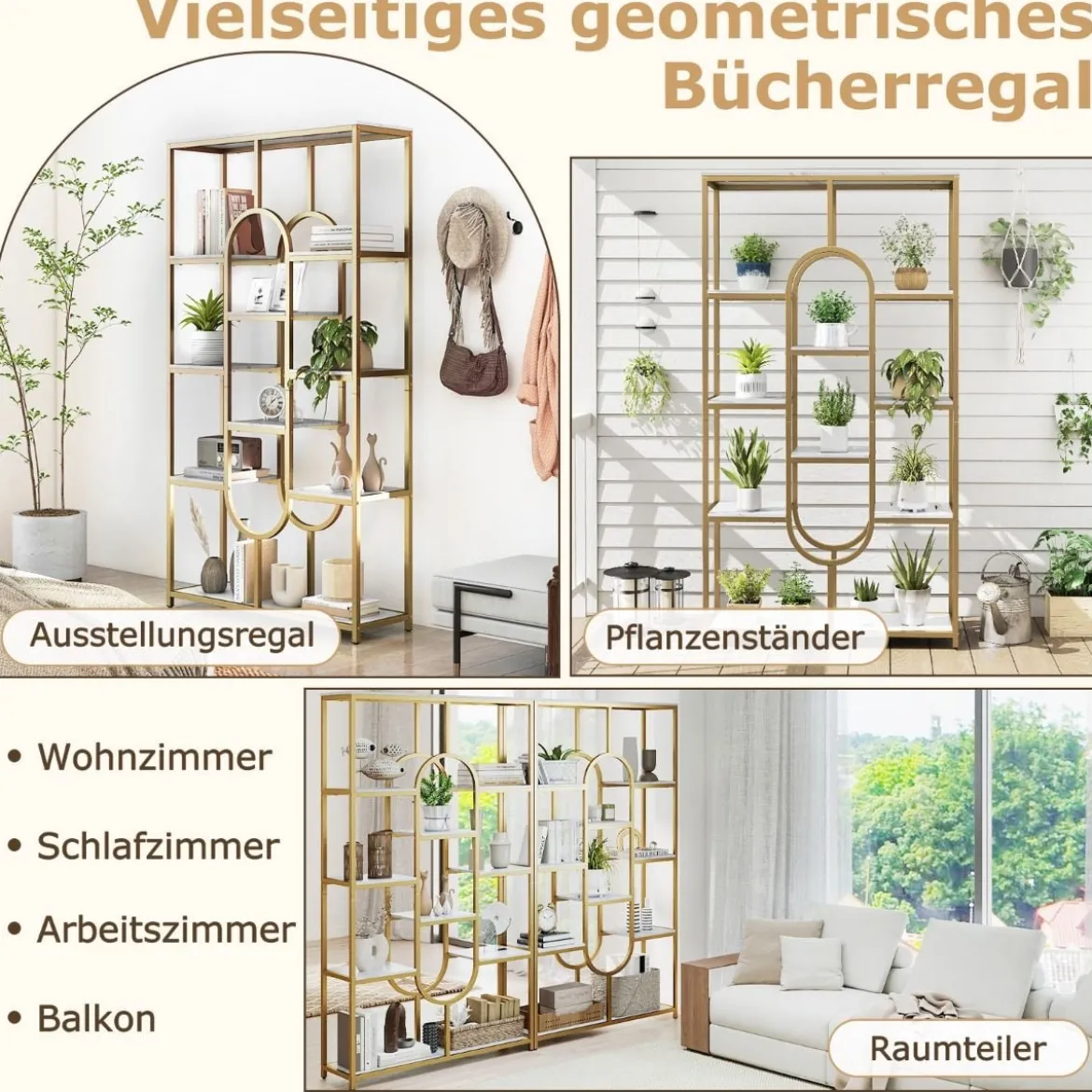 5-stöckiges Bücherregal Standregal Geometrisches Aufbewahrungsregal Weiß & Gold