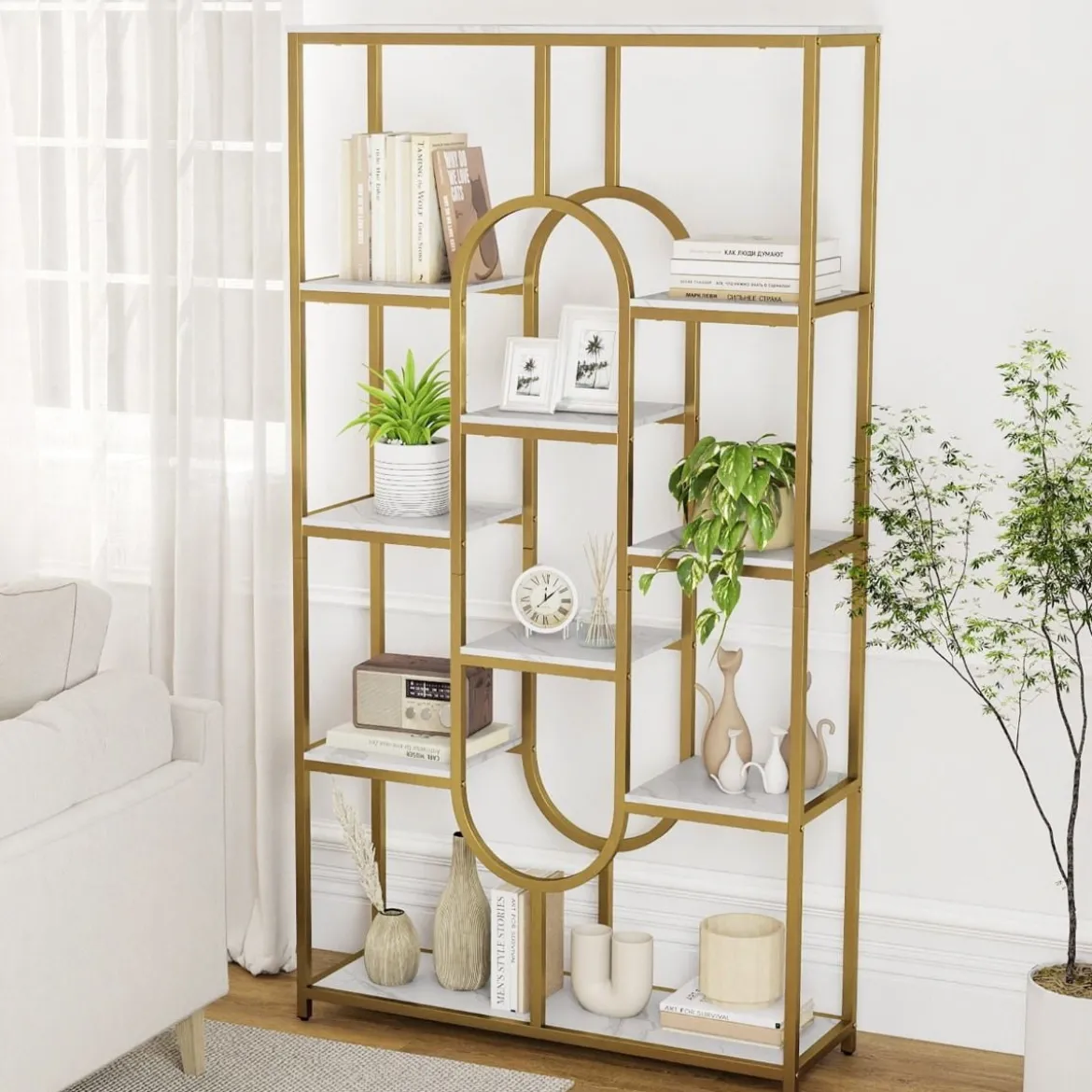 5-stöckiges Bücherregal Standregal Geometrisches Aufbewahrungsregal Weiß & Gold