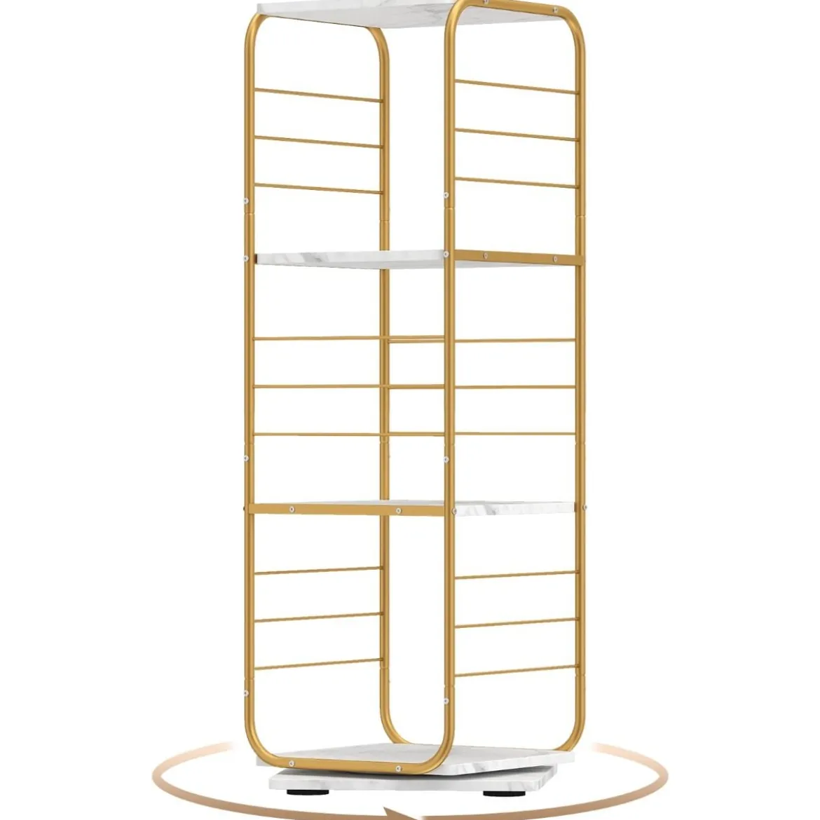 4-stöckiges drehbares Bücherregal 360° drehbarer Bücherturm mit Metallrahmen Gold und Weiß