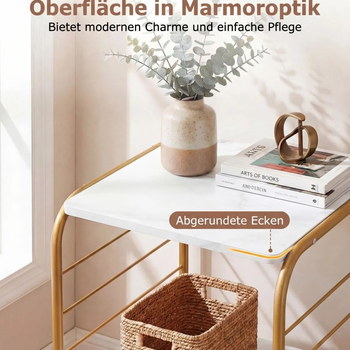4-stöckiges drehbares Bücherregal 360° drehbarer Bücherturm mit Metallrahmen Gold und Weiß