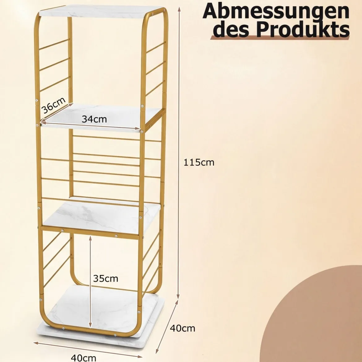 4-stöckiges drehbares Bücherregal 360° drehbarer Bücherturm mit Metallrahmen Gold und Weiß